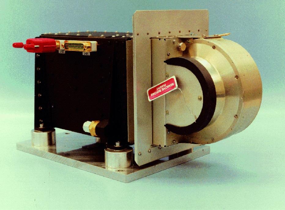 The Cluster PEACE instrument - a golden rounded sensor head - on a blue-green background.