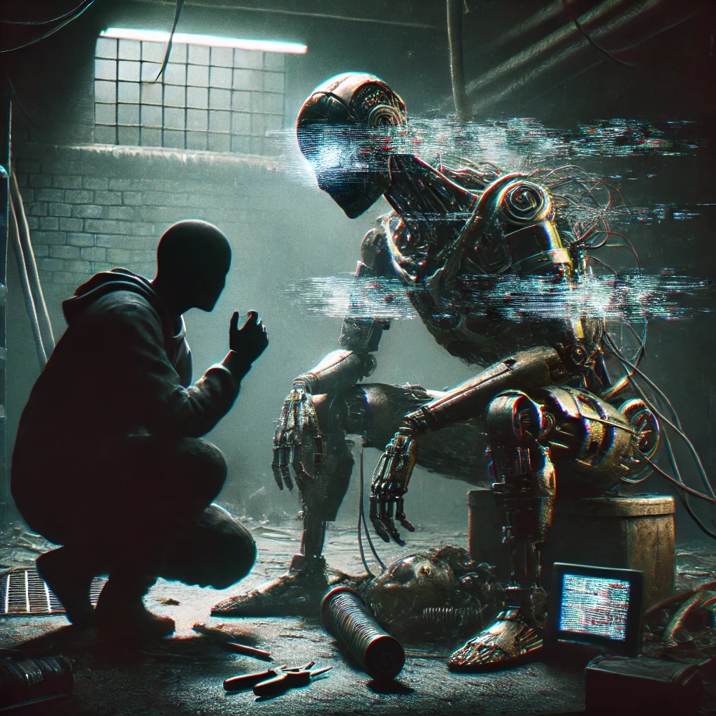 A shadowy figure is crouched in a basement talking to a glitchy, broken robot